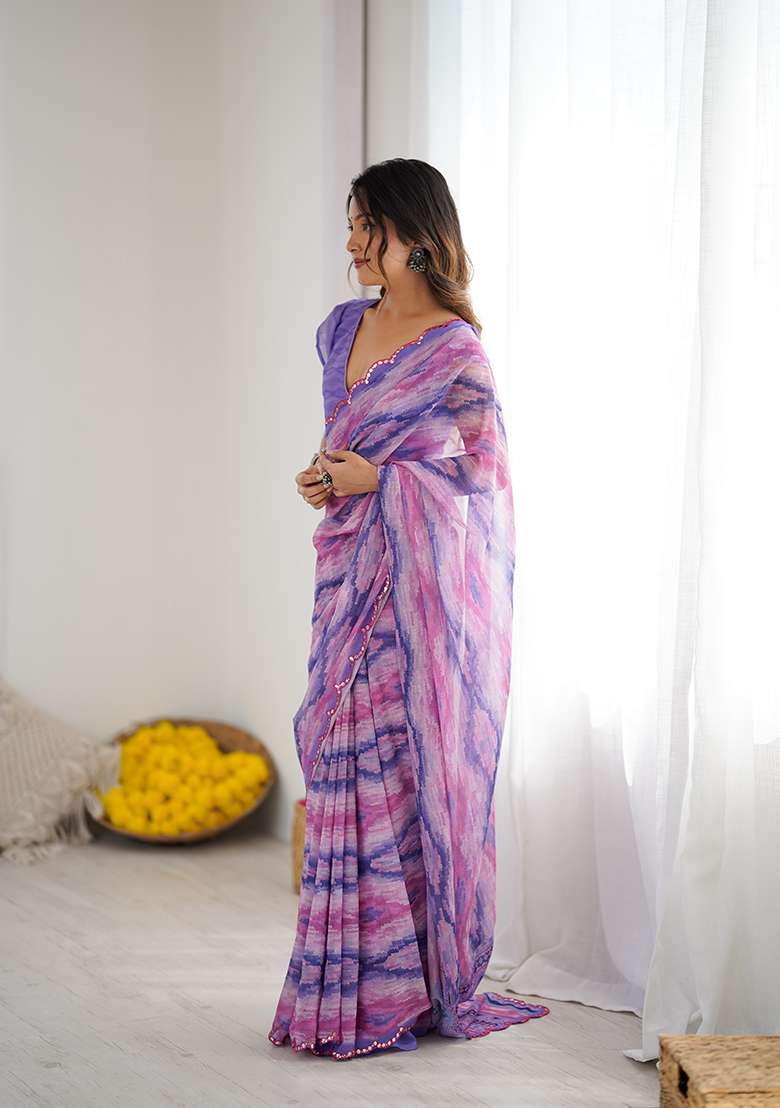 Purple Georgette Saree Set with Printed for Diwali | Wedding & Festive Wear - Indya