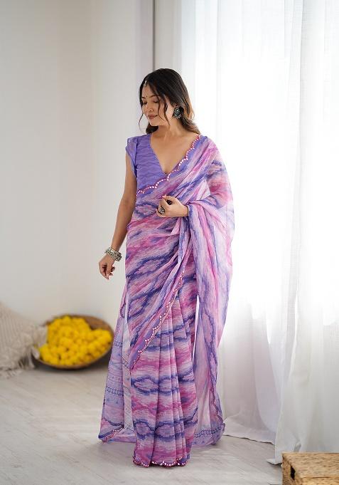 Purple Printed Georgette Saree Set