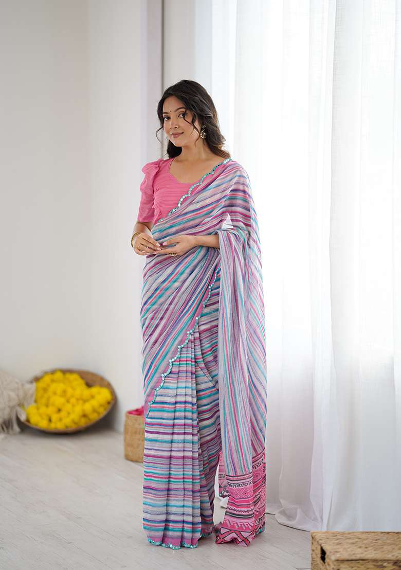 Blue Printed Georgette Saree Set for Diwali and Festive Wear - Indya