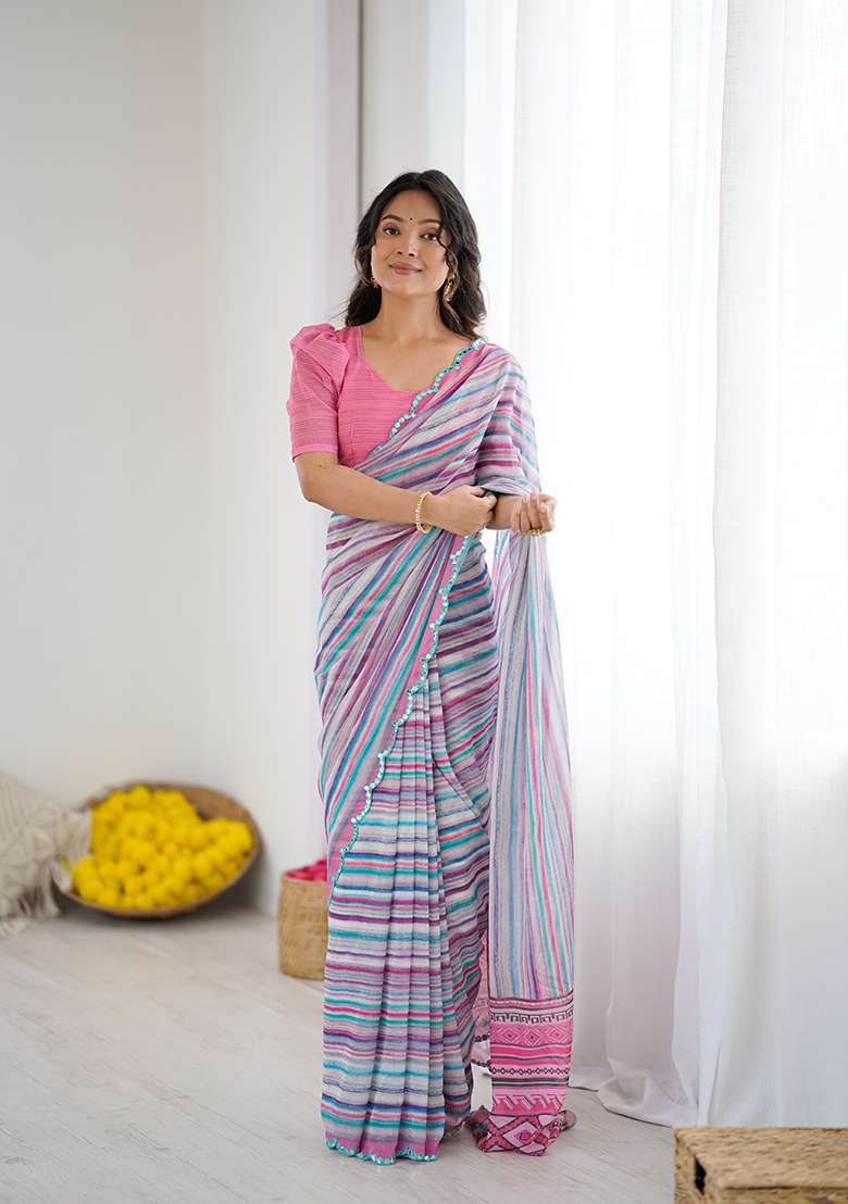 Blue Printed Georgette Saree Set for Diwali and Festive Wear - Indya
