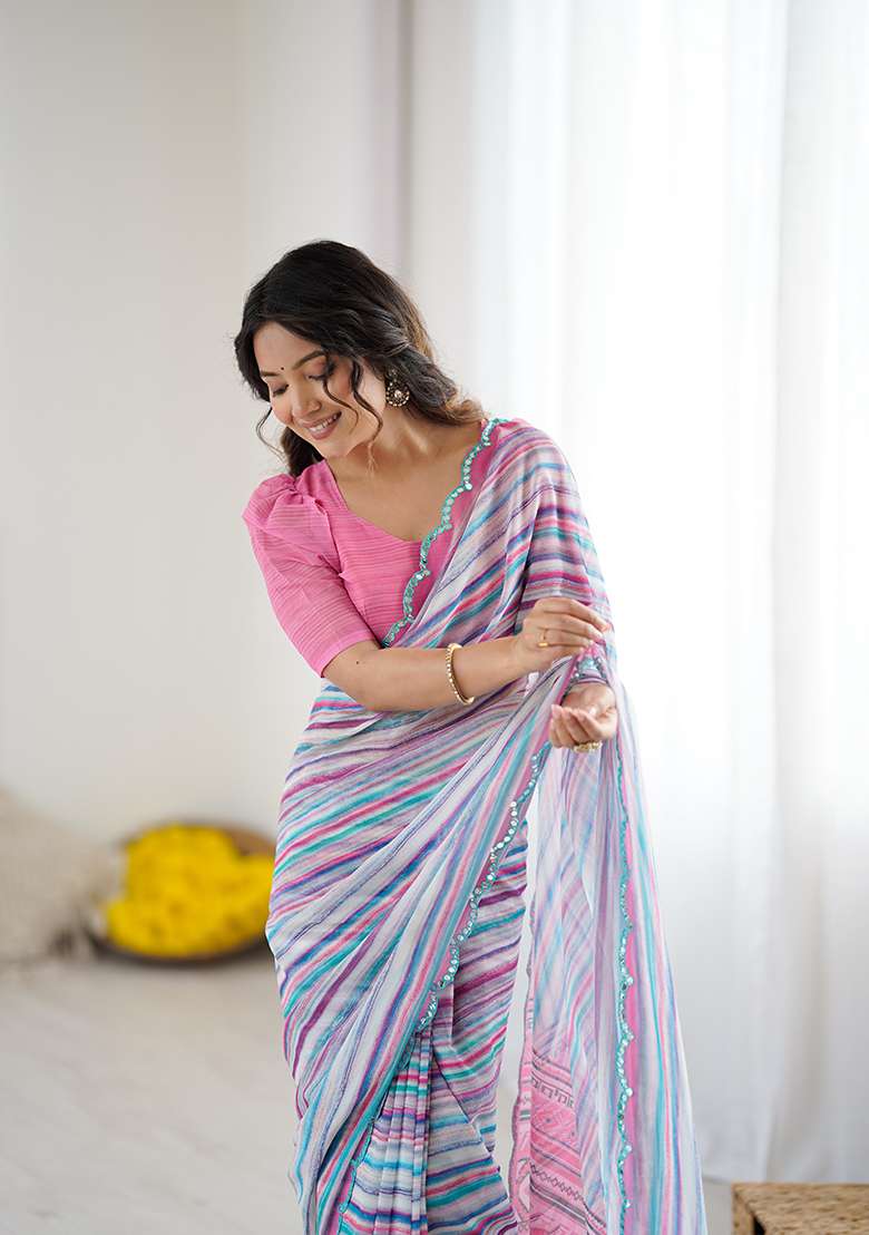Blue Printed Georgette Saree Set for Diwali and Festive Wear - Indya