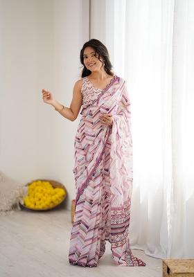 White Printed Georgette Saree Set