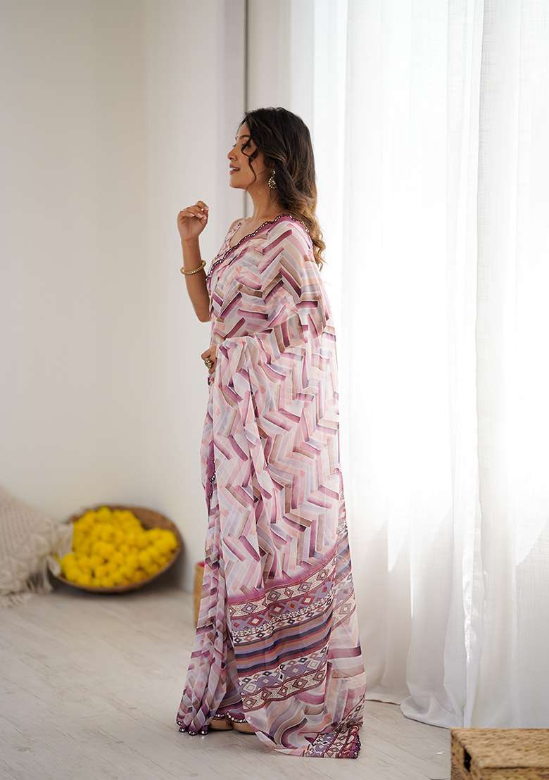 White Printed Georgette Saree Set for Diwali and Festive Wear - Indya