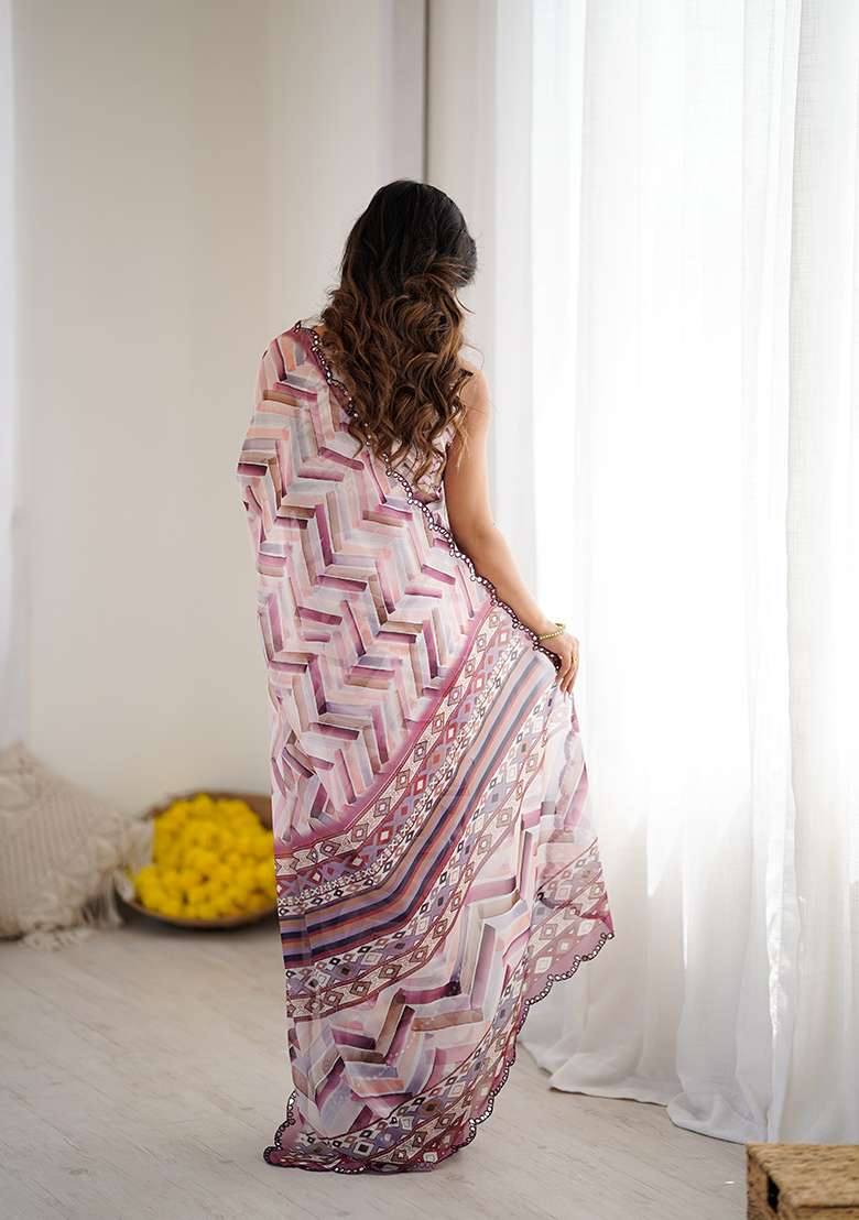 White Printed Georgette Saree Set for Diwali and Festive Wear - Indya