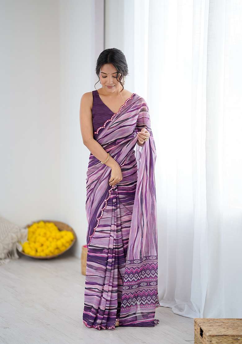 Wine Printed Georgette Saree Set for Diwali and Festive Wear - Indya
