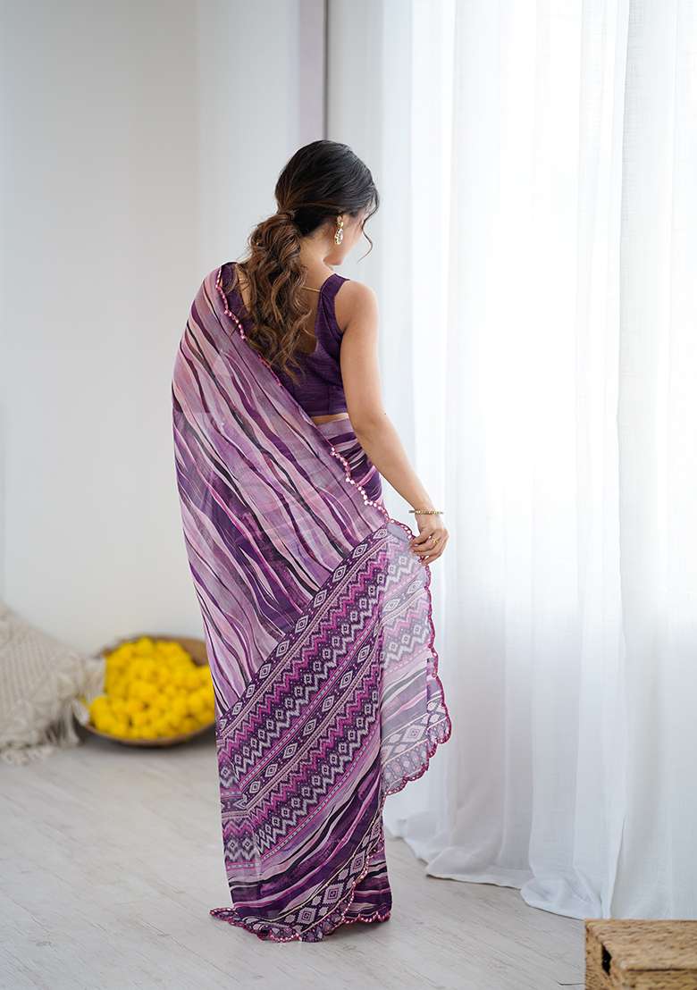 Wine Printed Georgette Saree Set for Diwali and Festive Wear - Indya