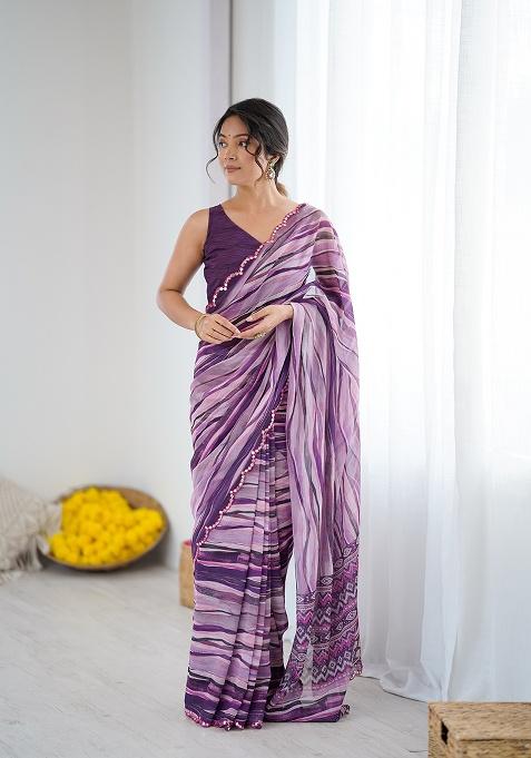 Wine Printed Georgette Saree Set