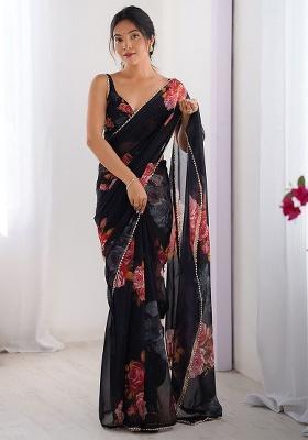 Black Printed Georgette Saree Set