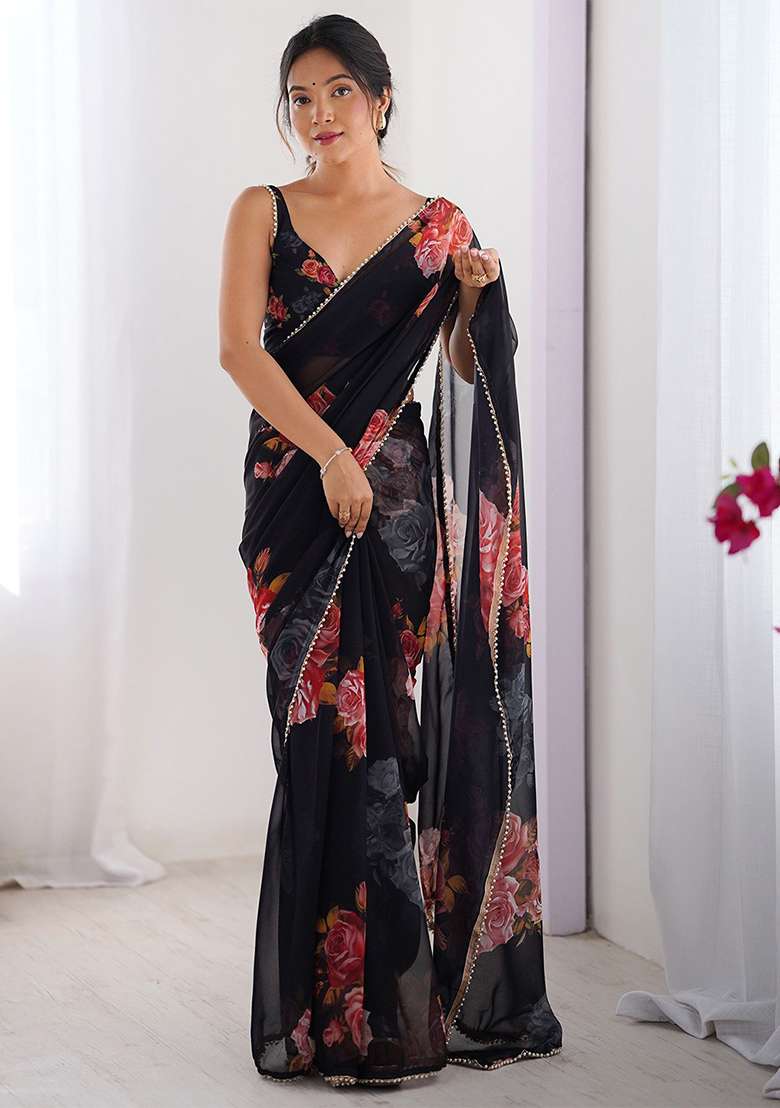 Black Printed Georgette Saree Set for Diwali and Festive Wear - Indya