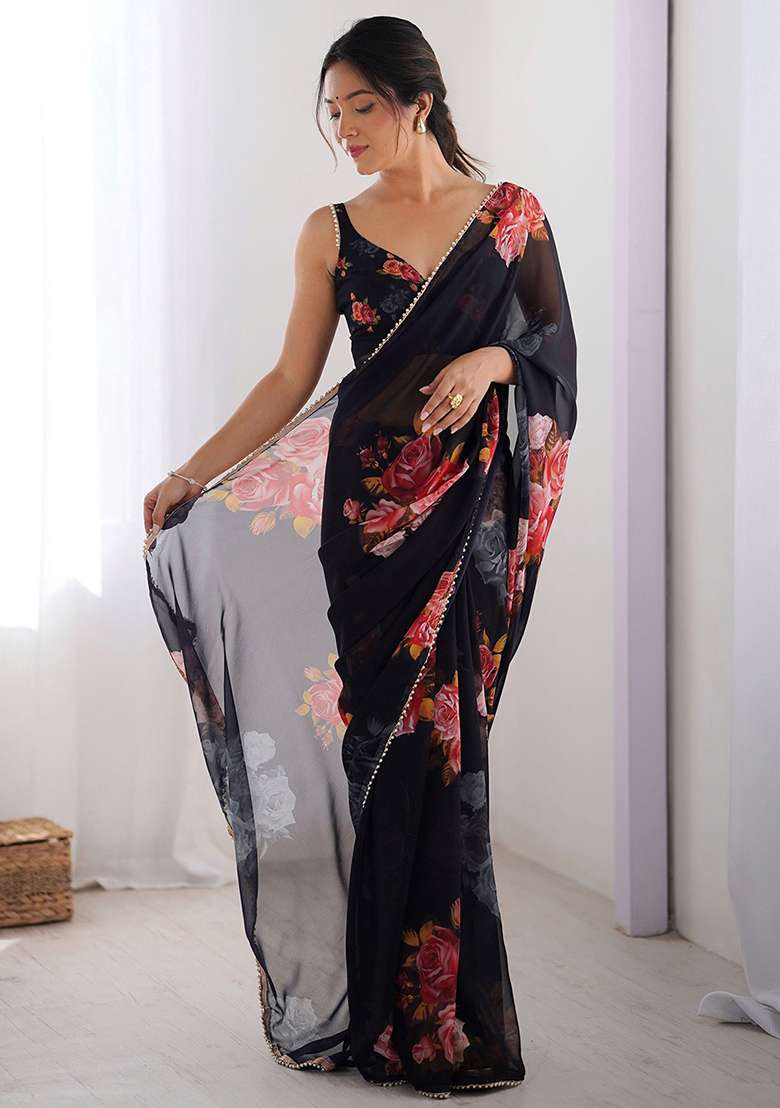Black Printed Georgette Saree Set for Diwali and Festive Wear - Indya
