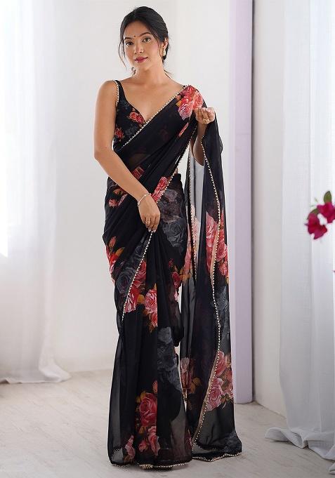 Black Printed Georgette Saree Set