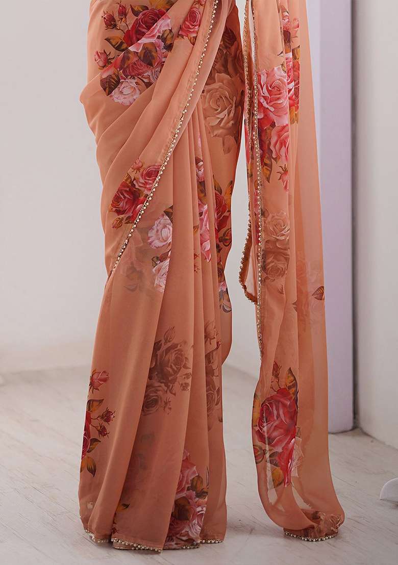 Peach Georgette Saree Set with Printed for Diwali | Wedding & Festive Wear - Indya