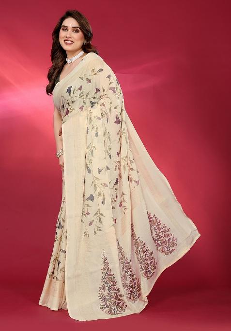 Beige Printed Chiffon Saree Set