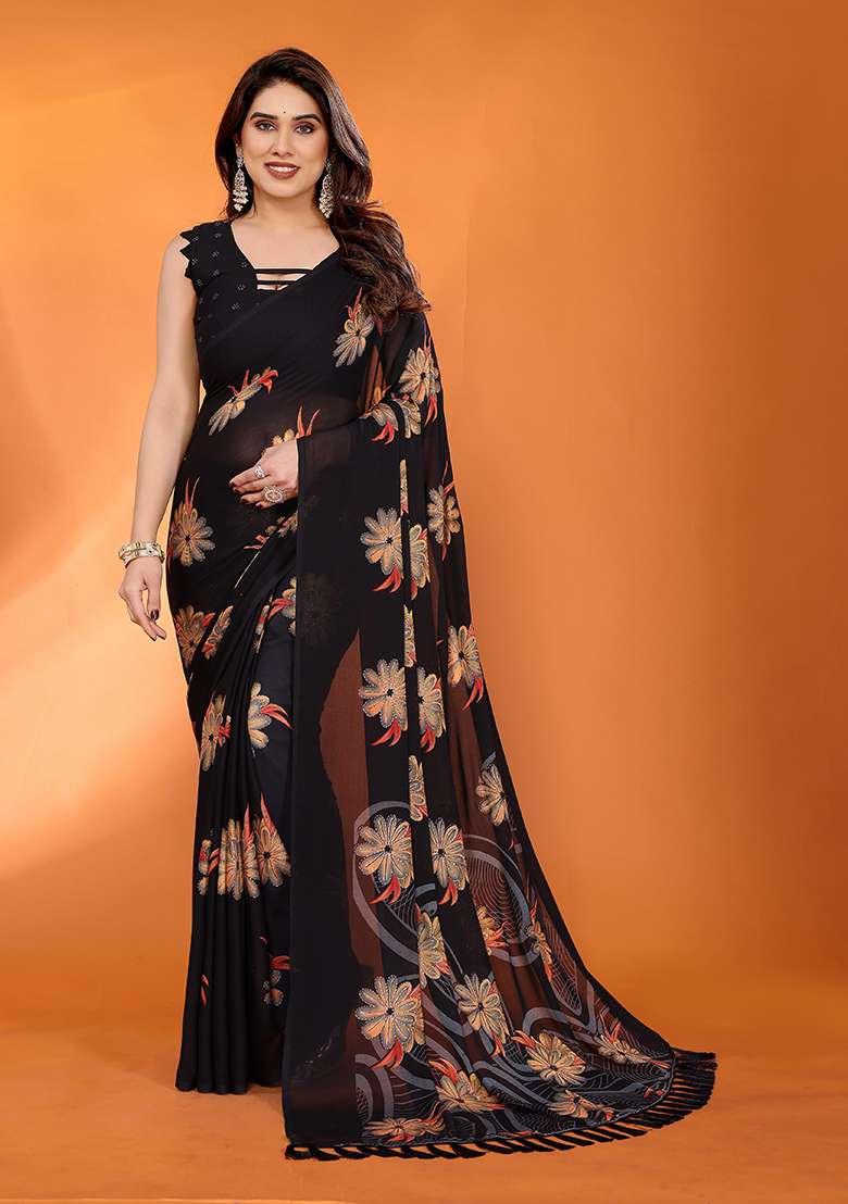 Black Satin Saree Set with Printed for Diwali | Wedding & Festive Wear - Indya