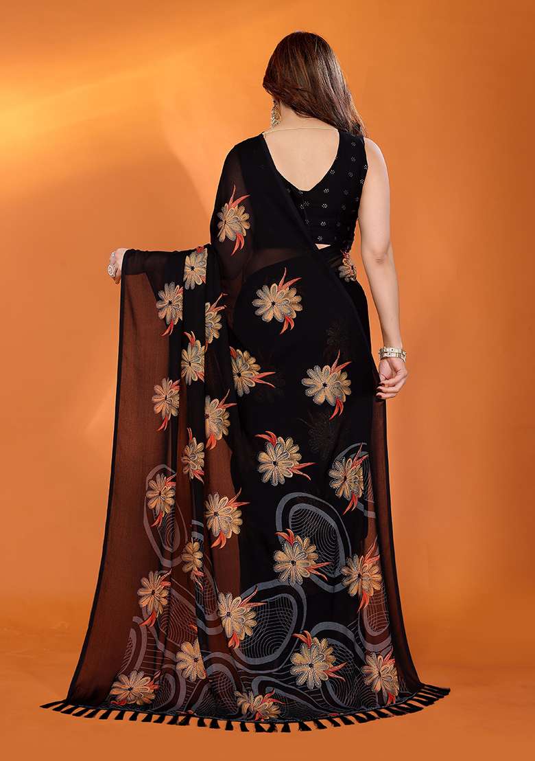 Black Satin Saree Set with Printed for Diwali | Wedding & Festive Wear - Indya