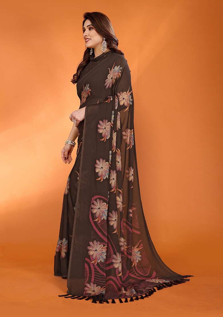 Brown Satin Saree Set with Printed for Diwali | Wedding & Festive Wear - Indya