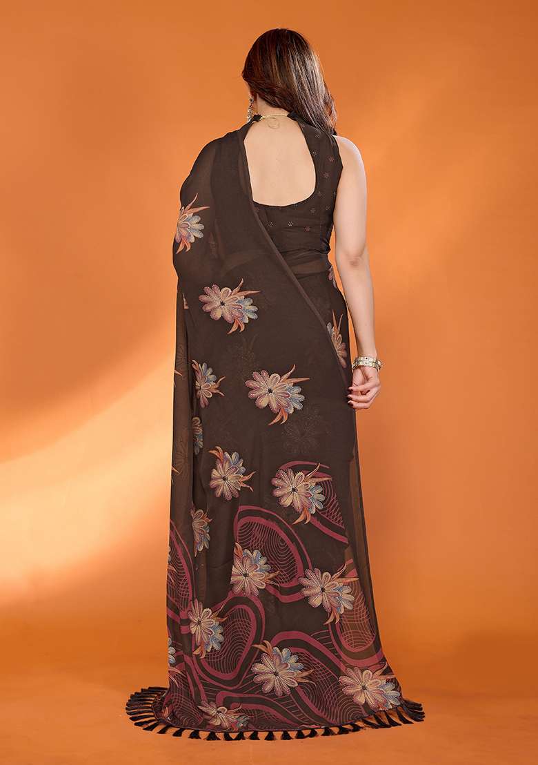 Brown Satin Saree Set with Printed for Diwali | Wedding & Festive Wear - Indya