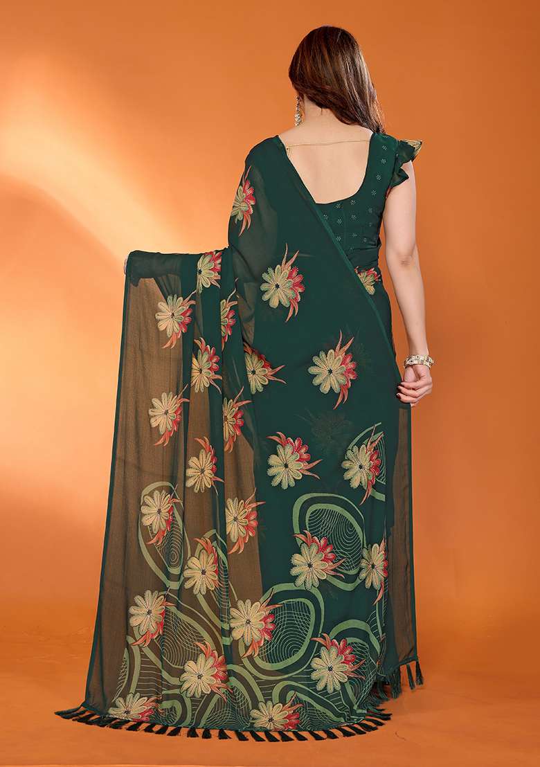 Green Printed Satin Saree Set for Diwali and Festive Wear - Indya