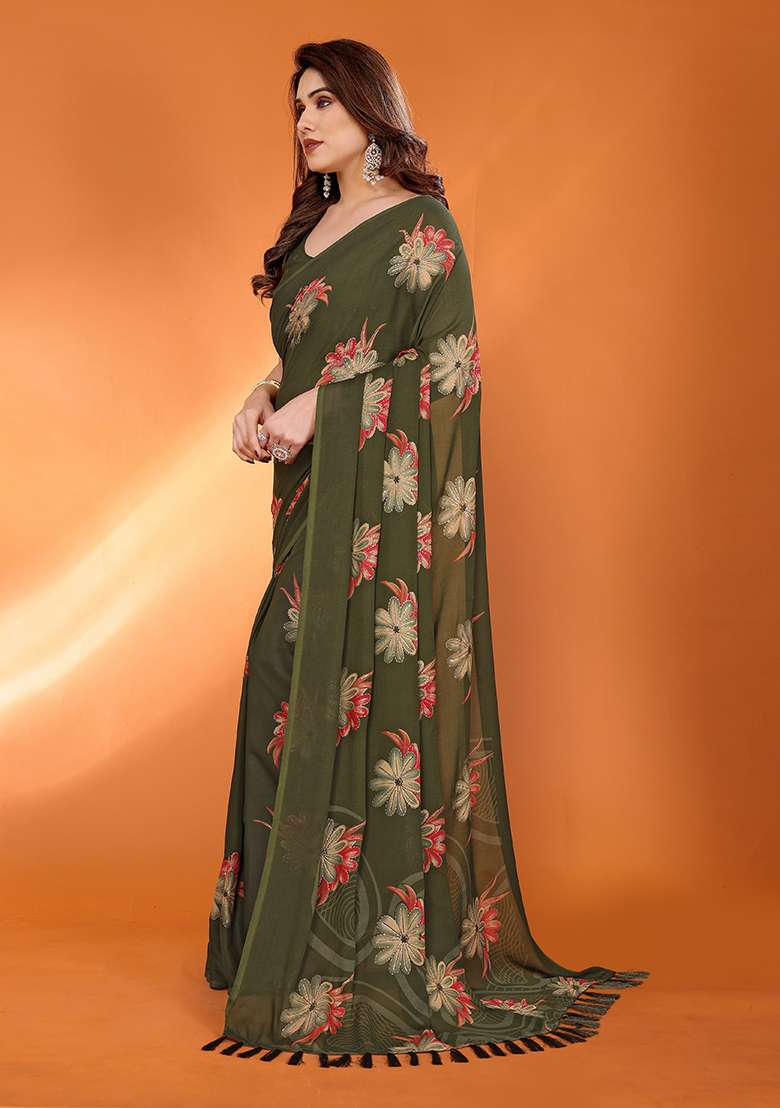 Green Satin Saree Set with Printed for Diwali | Wedding & Festive Wear - Indya