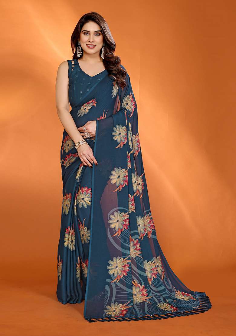 Blue Satin Saree Set with Printed for Diwali | Wedding & Festive Wear - Indya