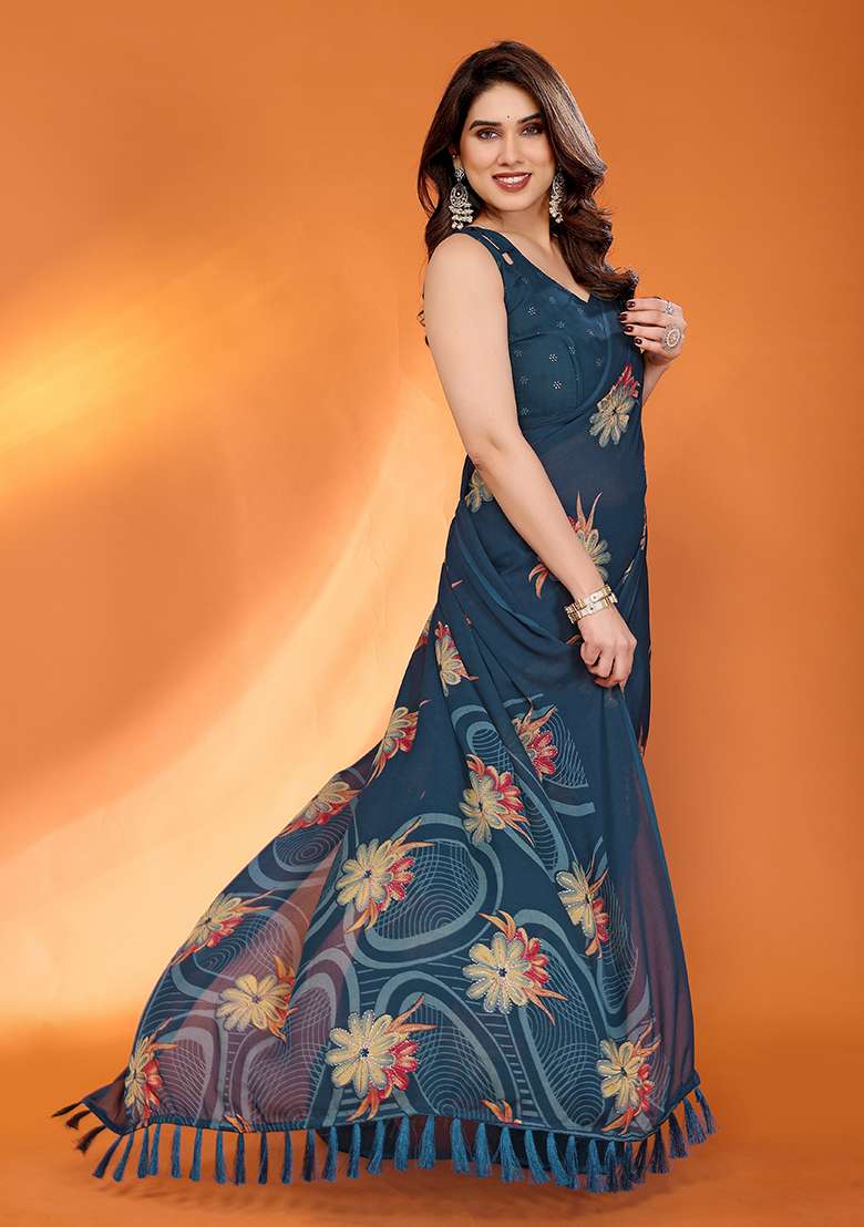Blue Satin Saree Set with Printed for Diwali | Wedding & Festive Wear - Indya