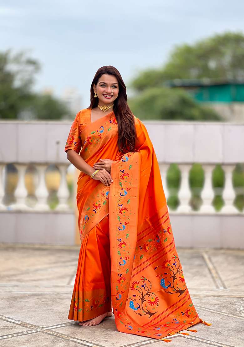 Orange Silk Blend Saree Set with Zari Work for Diwali | Wedding & Festive Wear - Indya