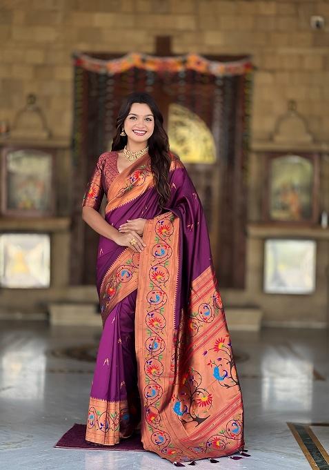 Wine Zari Work Silk Saree Set