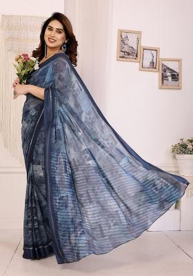 Blue Printed Satin Saree Set