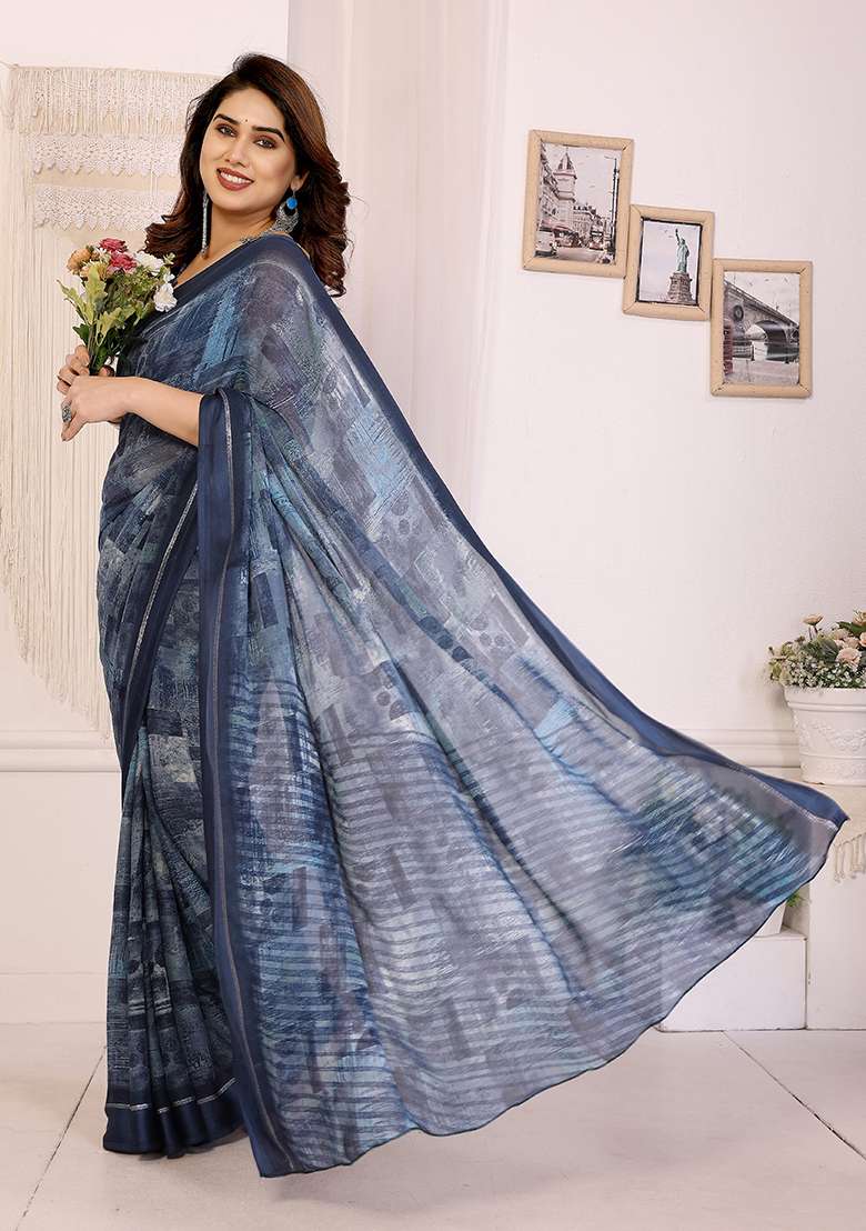 Blue Printed Satin Saree Set for Diwali and Festive Wear - Indya