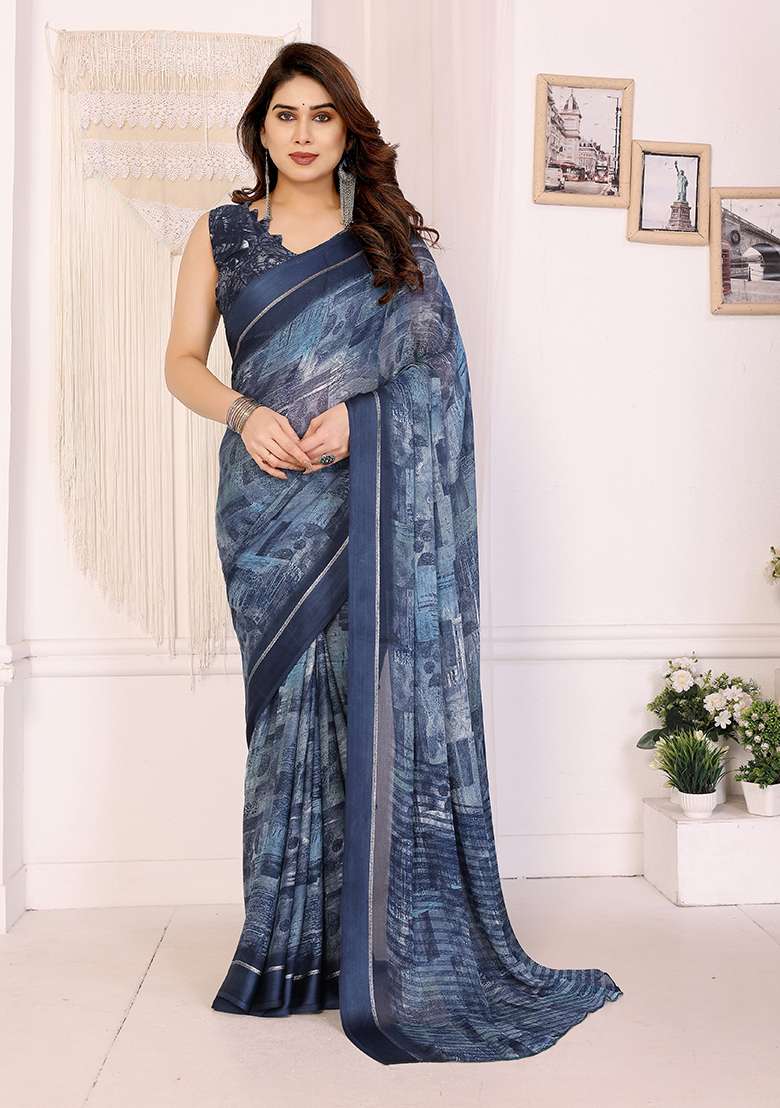 Blue Printed Satin Saree Set for Diwali and Festive Wear - Indya