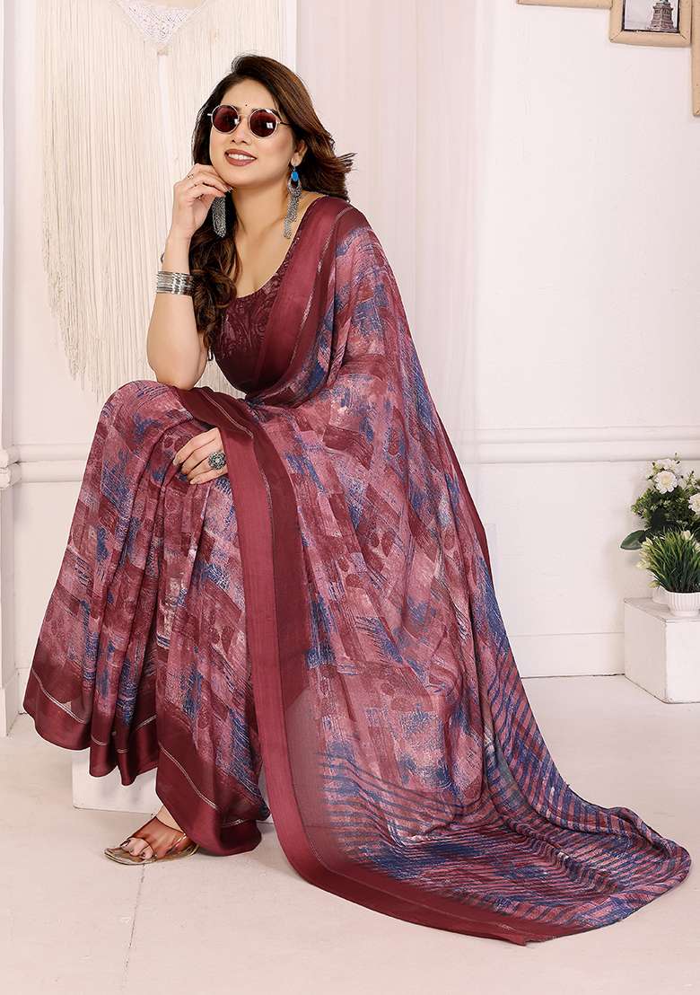 Maroon Printed Satin Saree Set - Indya