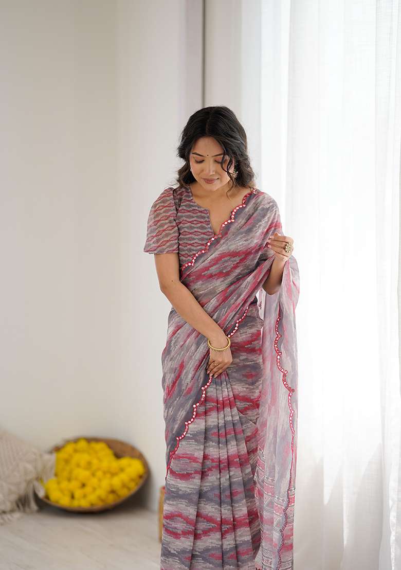 Grey Printed Georgette Saree Set for Diwali and Festive Wear - Indya