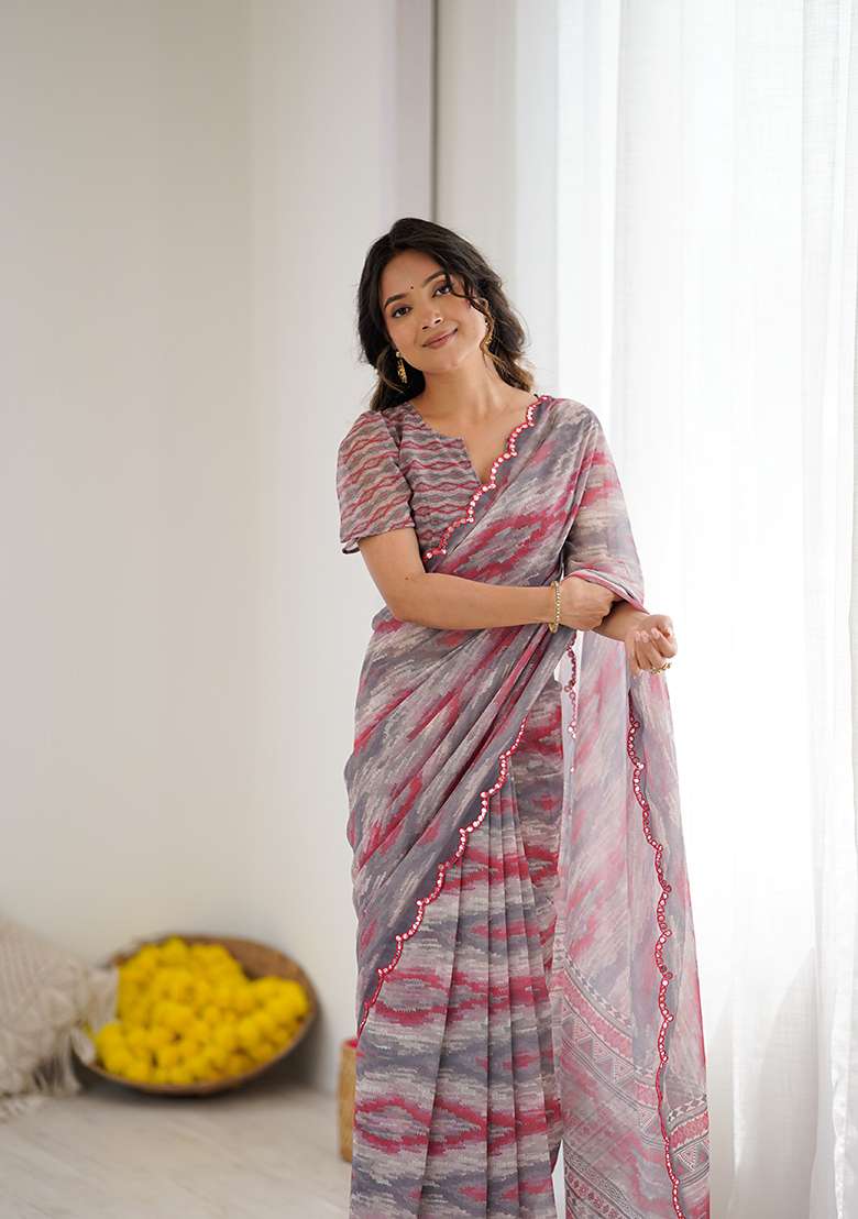 Grey Printed Georgette Saree Set for Diwali and Festive Wear - Indya