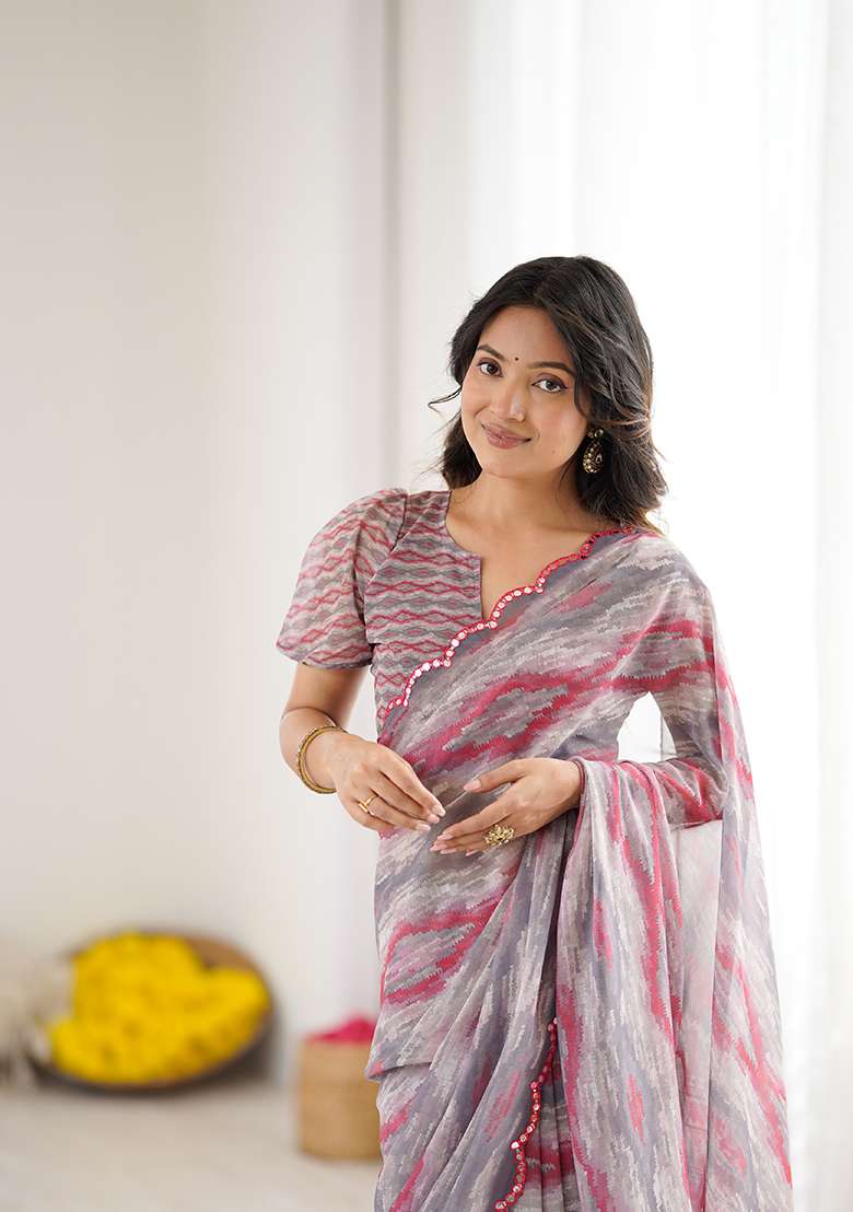 Grey Printed Georgette Saree Set for Diwali and Festive Wear - Indya