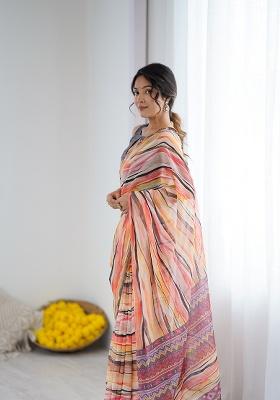 Orange Printed Georgette Saree Set