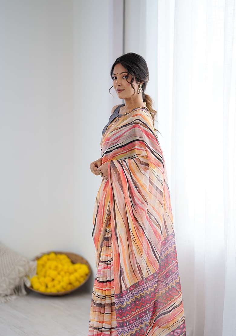 Orange Printed Georgette Saree Set for Diwali and Festive Wear - Indya