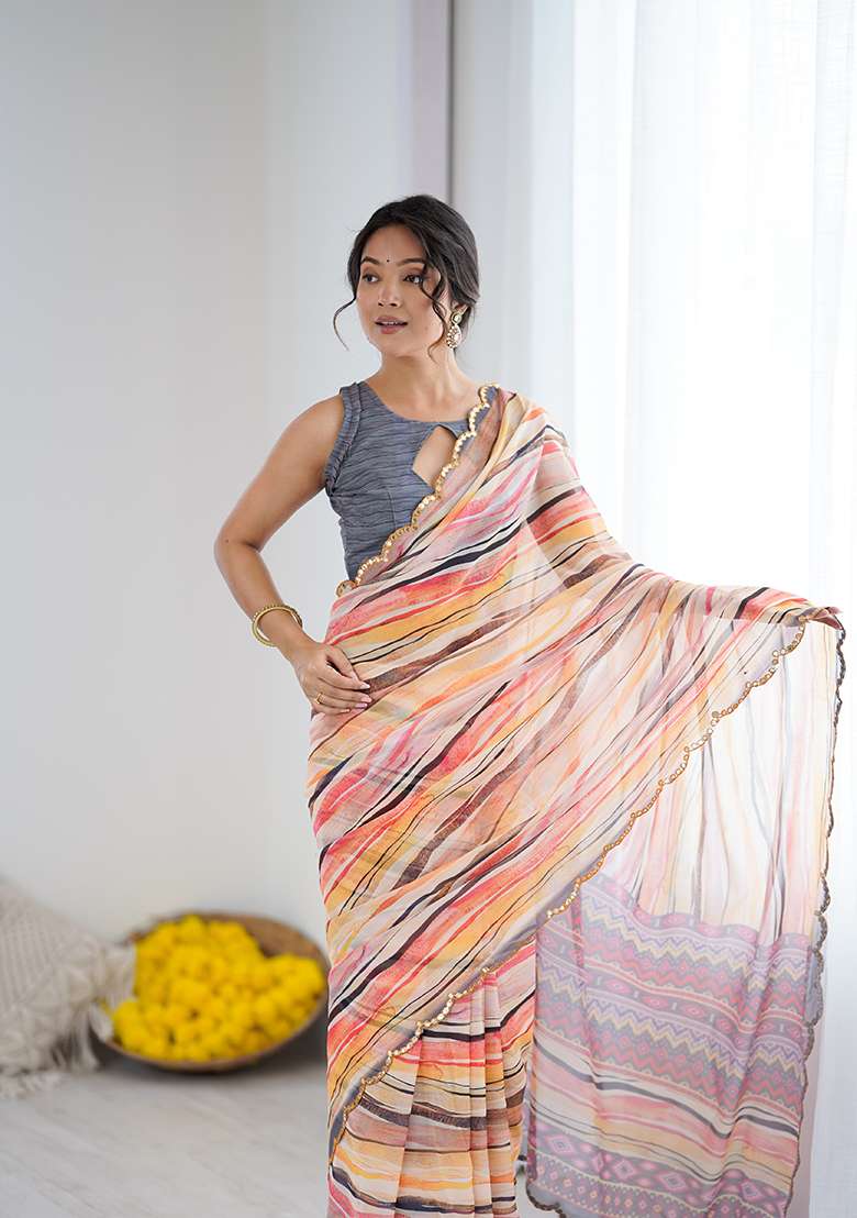 Orange Printed Georgette Saree Set for Diwali and Festive Wear - Indya