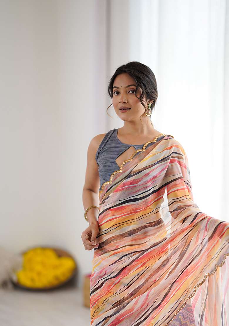 Orange Printed Georgette Saree Set for Diwali and Festive Wear - Indya