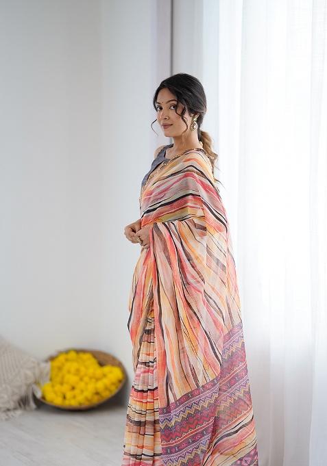 Orange Printed Georgette Saree Set