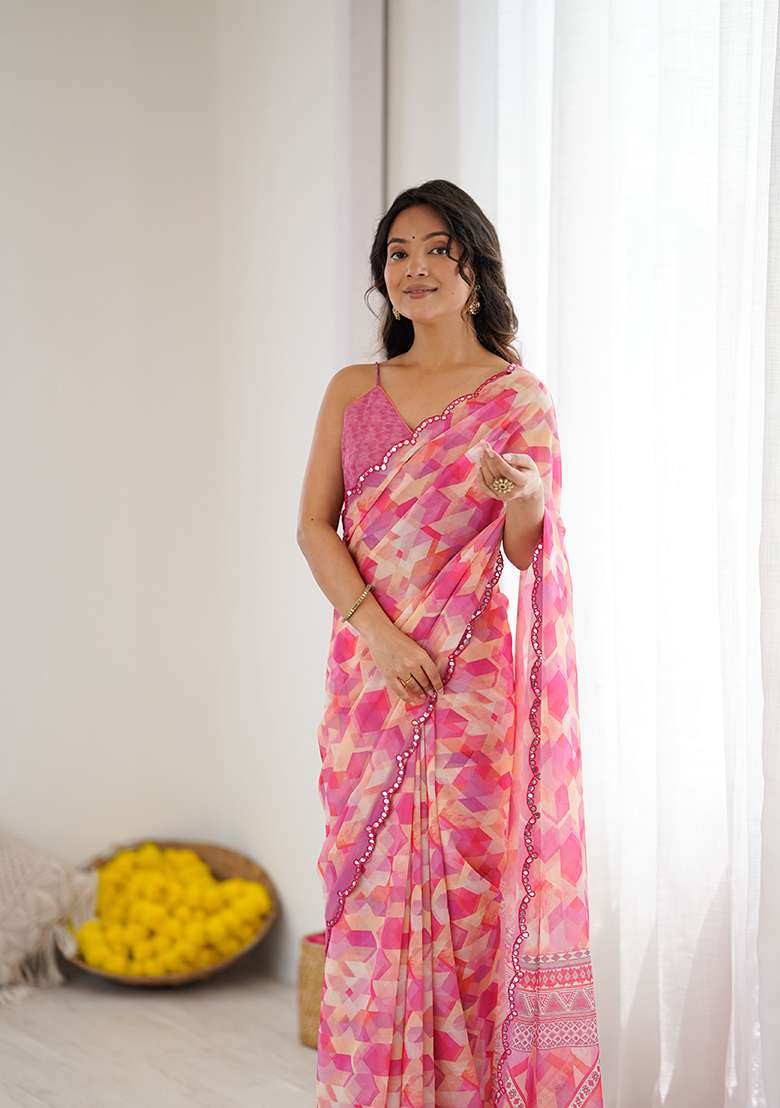 Pink Georgette Saree Set with Printed for Diwali | Wedding & Festive Wear - Indya