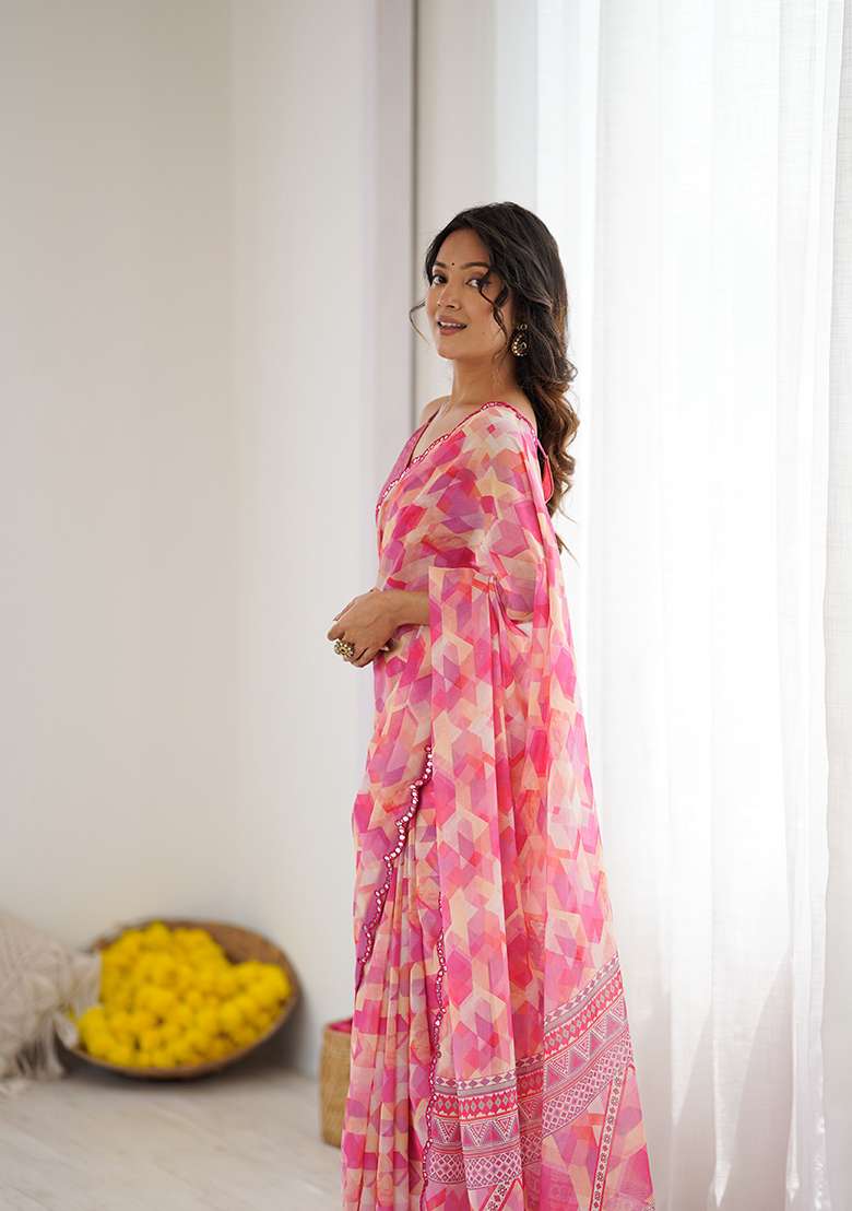Pink Georgette Saree Set with Printed for Diwali | Wedding & Festive Wear - Indya