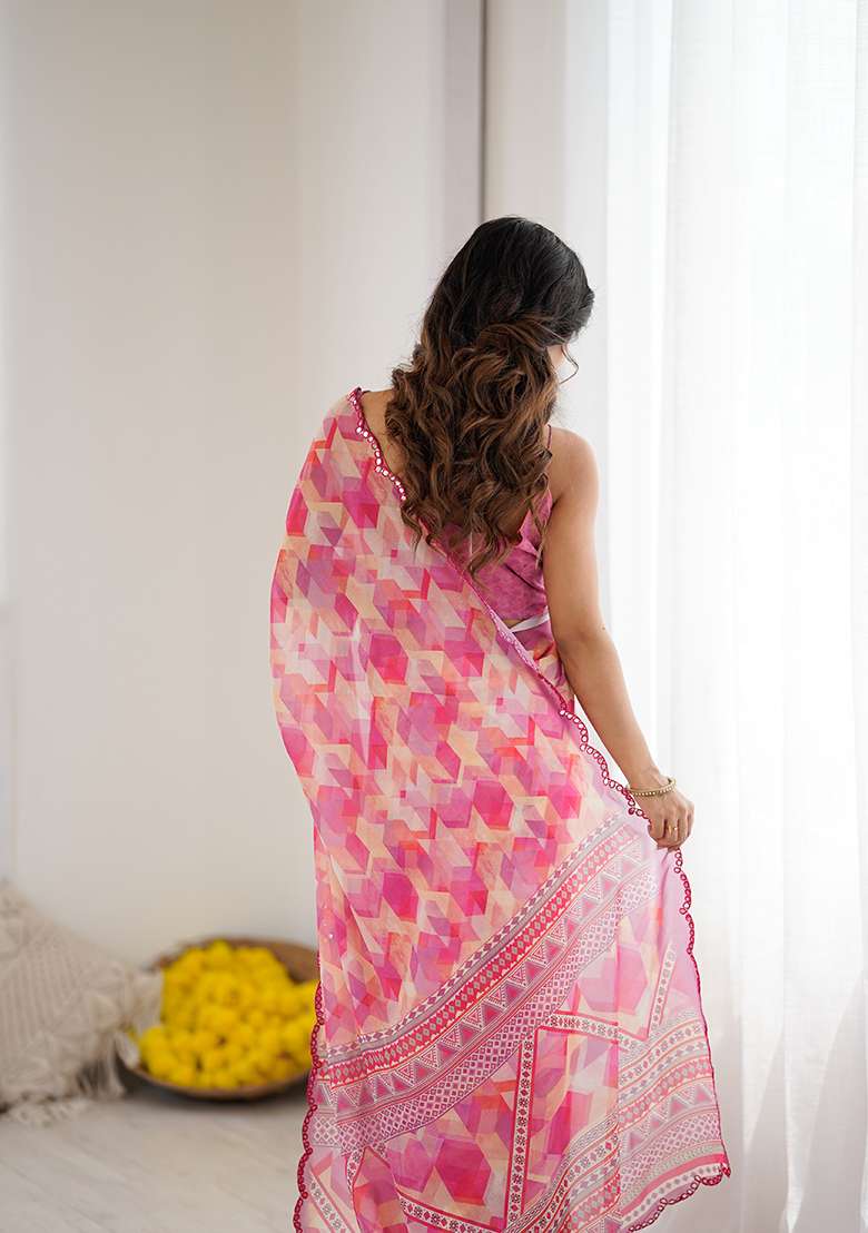 Pink Georgette Saree Set with Printed for Diwali | Wedding & Festive Wear - Indya