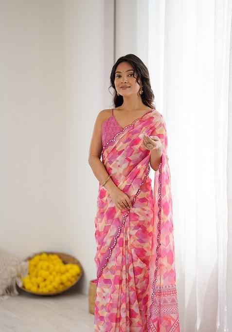 Pink Printed Georgette Saree Set