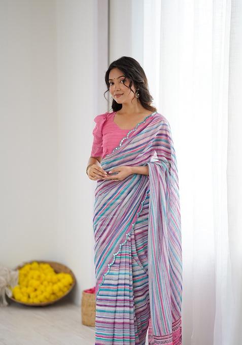 Blue Printed Georgette Saree Set