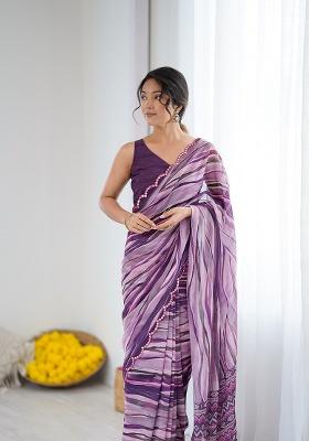 Wine Printed Georgette Saree Set