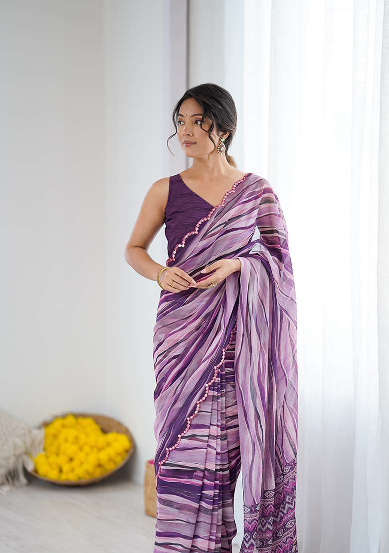 Wine Printed Georgette Saree Set for Diwali and Festive Wear - Indya
