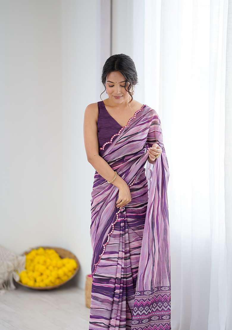 Wine Printed Georgette Saree Set for Diwali and Festive Wear - Indya