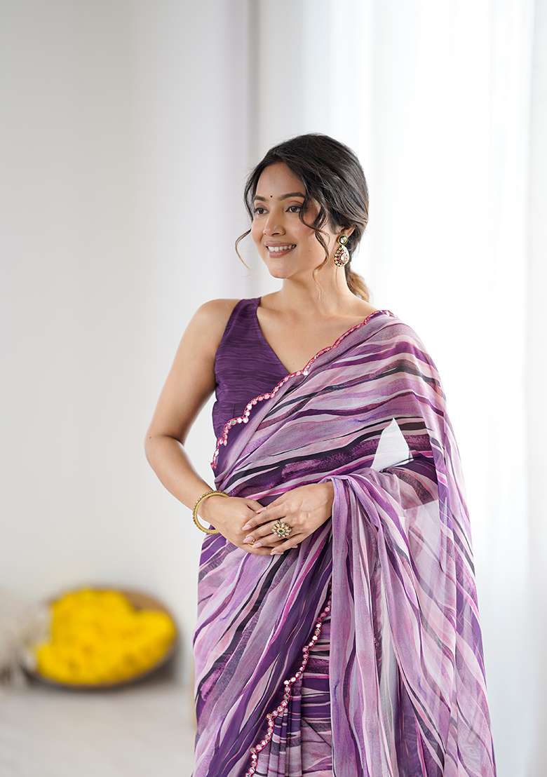 Wine Printed Georgette Saree Set for Diwali and Festive Wear - Indya