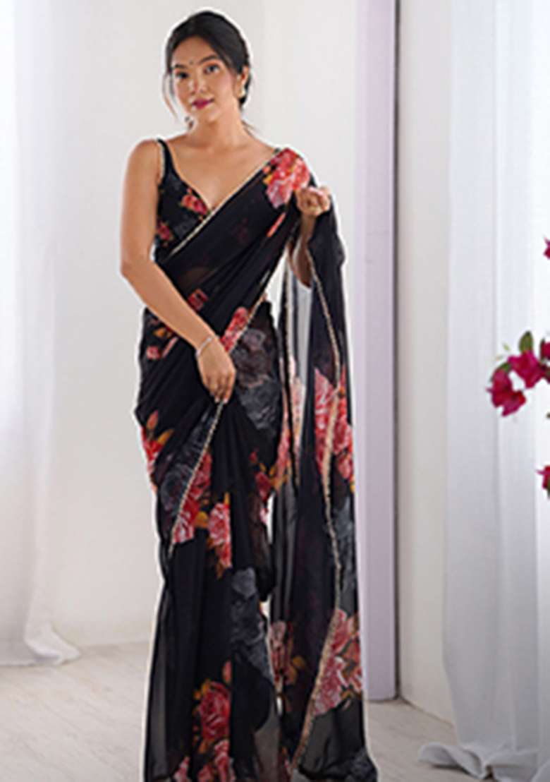 Black Printed Georgette Saree Set for Diwali and Festive Wear - Indya