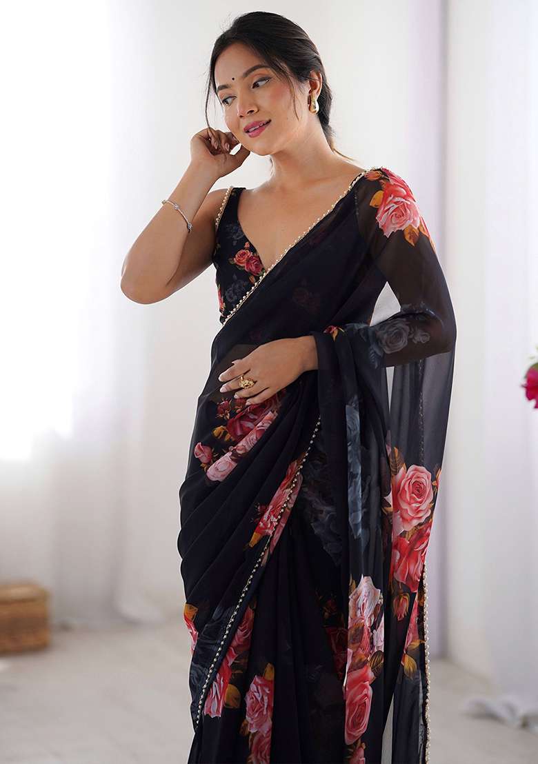 Black Printed Georgette Saree Set for Diwali and Festive Wear - Indya